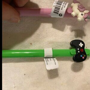 2 cool click pens, Black Ink , unicorn and game controller, new